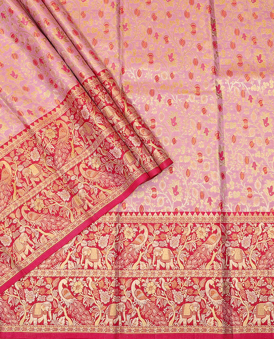 Pink Pure Silk Half-Saree Prettified with Floral Jaal Jacquard Design on Its Skirt, Complemented by a Contrast Meenakari Border Featuring Mayil and Yaanai Designs, Comes with a Contrast Jacquard Blouse and a Dhavani of Manga Designs - Image 2