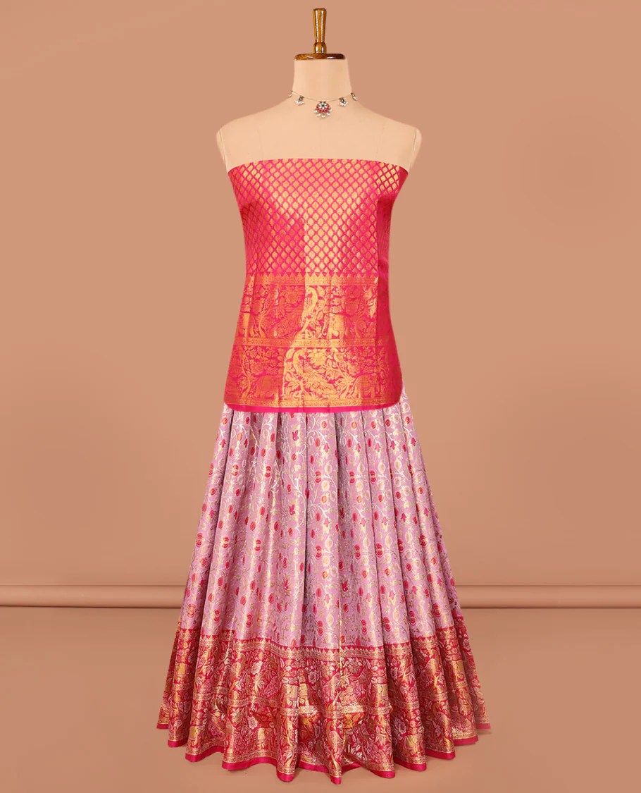 Pink Pure Silk Half-Saree Prettified with Floral Jaal Jacquard Design on Its Skirt, Complemented by a Contrast Meenakari Border Featuring Mayil and Yaanai Designs, Comes with a Contrast Jacquard Blouse and a Dhavani of Manga Designs - Image 3