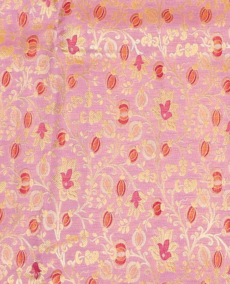 Pink Pure Silk Half-Saree Prettified with Floral Jaal Jacquard Design on Its Skirt, Complemented by a Contrast Meenakari Border Featuring Mayil and Yaanai Designs, Comes with a Contrast Jacquard Blouse and a Dhavani of Manga Designs - Image 4