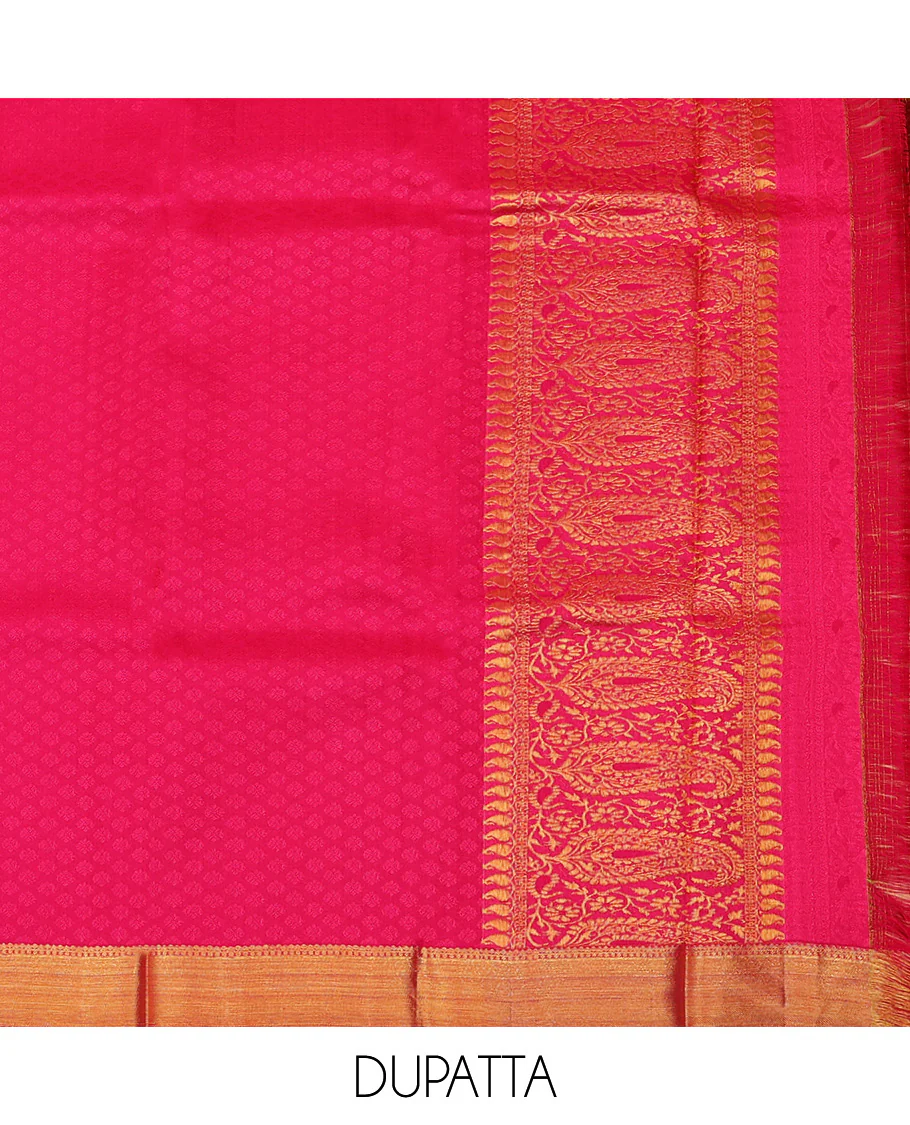 Pink Pure Silk Half-Saree Prettified with Floral Jaal Jacquard Design on Its Skirt, Complemented by a Contrast Meenakari Border Featuring Mayil and Yaanai Designs, Comes with a Contrast Jacquard Blouse and a Dhavani of Manga Designs - Image 5
