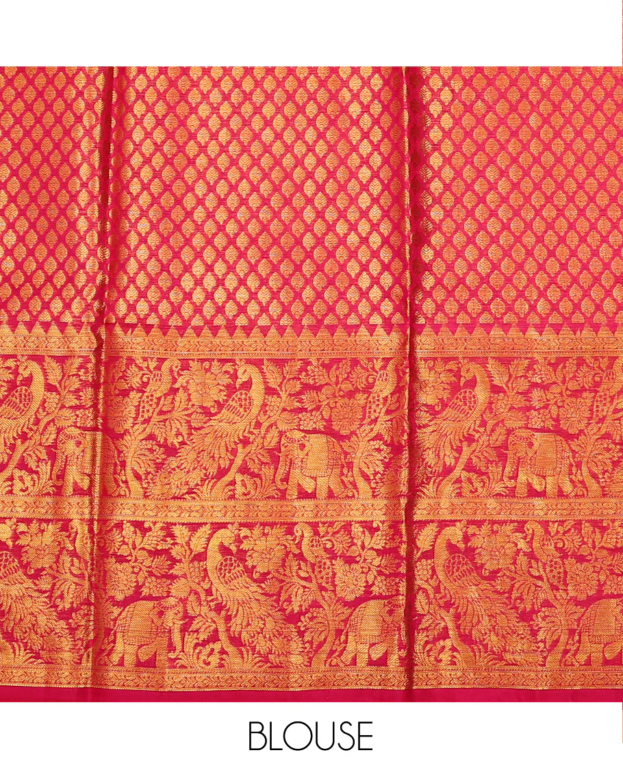 Pink Pure Silk Half-Saree Prettified with Floral Jaal Jacquard Design on Its Skirt, Complemented by a Contrast Meenakari Border Featuring Mayil and Yaanai Designs, Comes with a Contrast Jacquard Blouse and a Dhavani of Manga Designs - Image 6