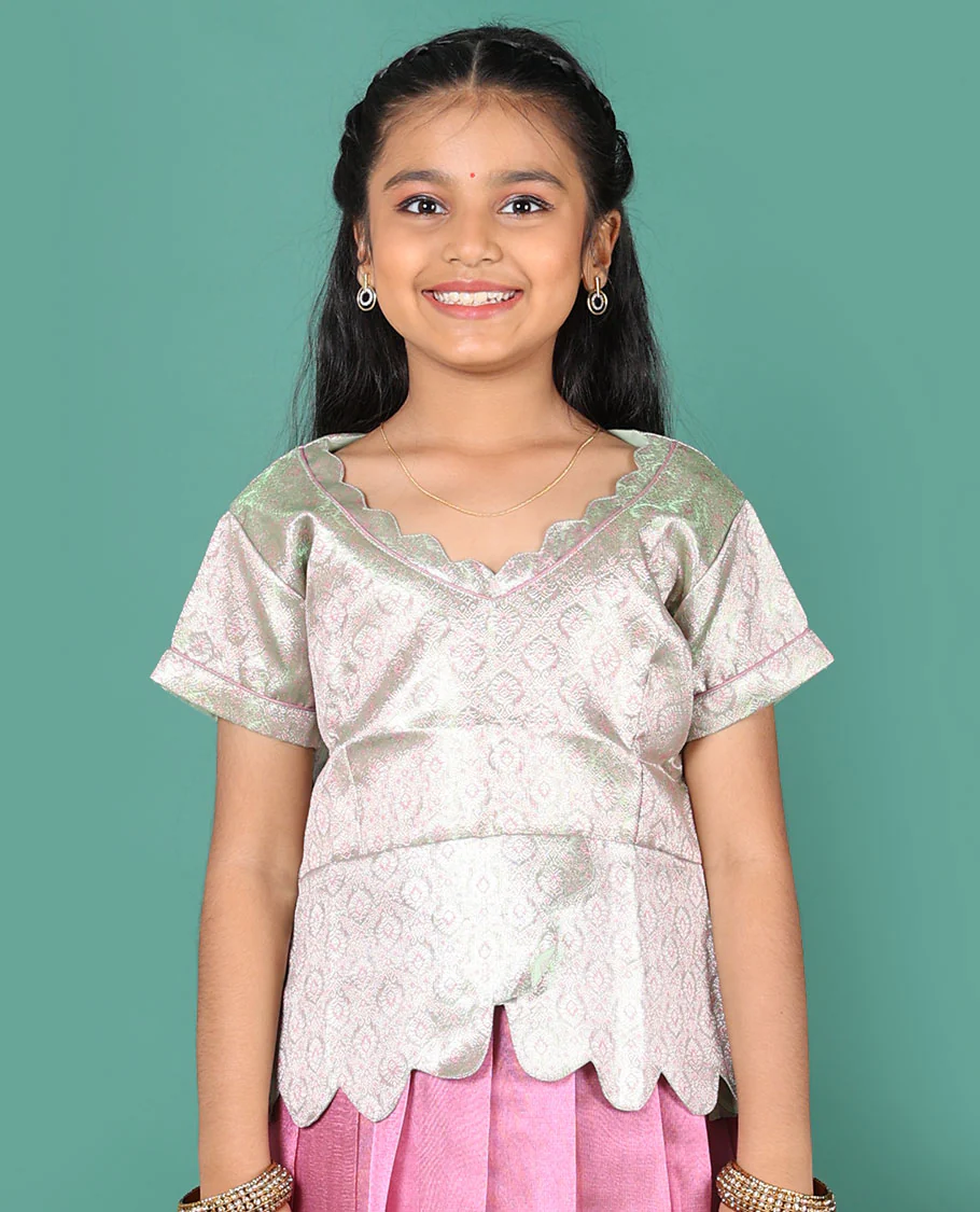 Pink readymade art silk pavadai, traditional zari big border skirt, & contrast jacquard scallop neck & short sleeve blouse - Image 2