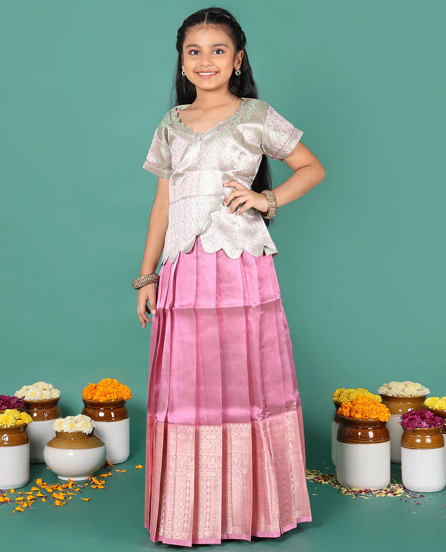 Pink readymade art silk pavadai, traditional zari big border skirt, & contrast jacquard scallop neck & short sleeve blouse - Image 3
