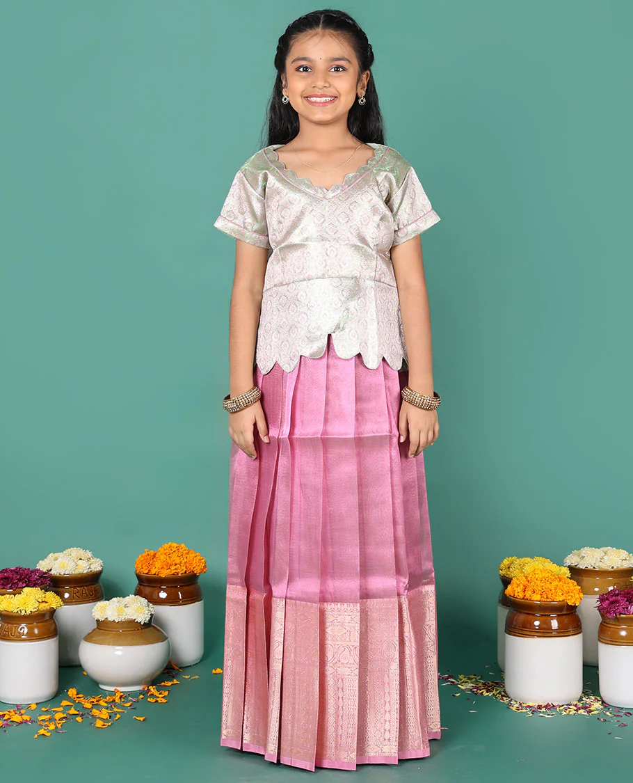 Pink readymade art silk pavadai, traditional zari big border skirt, & contrast jacquard scallop neck & short sleeve blouse - Image 4