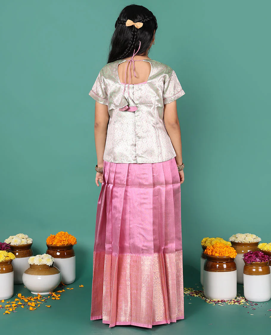Pink readymade art silk pavadai, traditional zari big border skirt, & contrast jacquard scallop neck & short sleeve blouse - Image 5