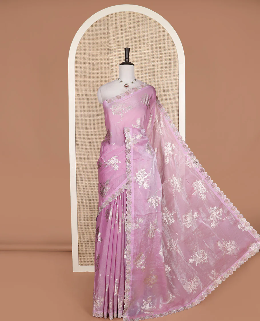 Pink rose floral motifs foil printed designer saree, scallop floral micro-stone work border
