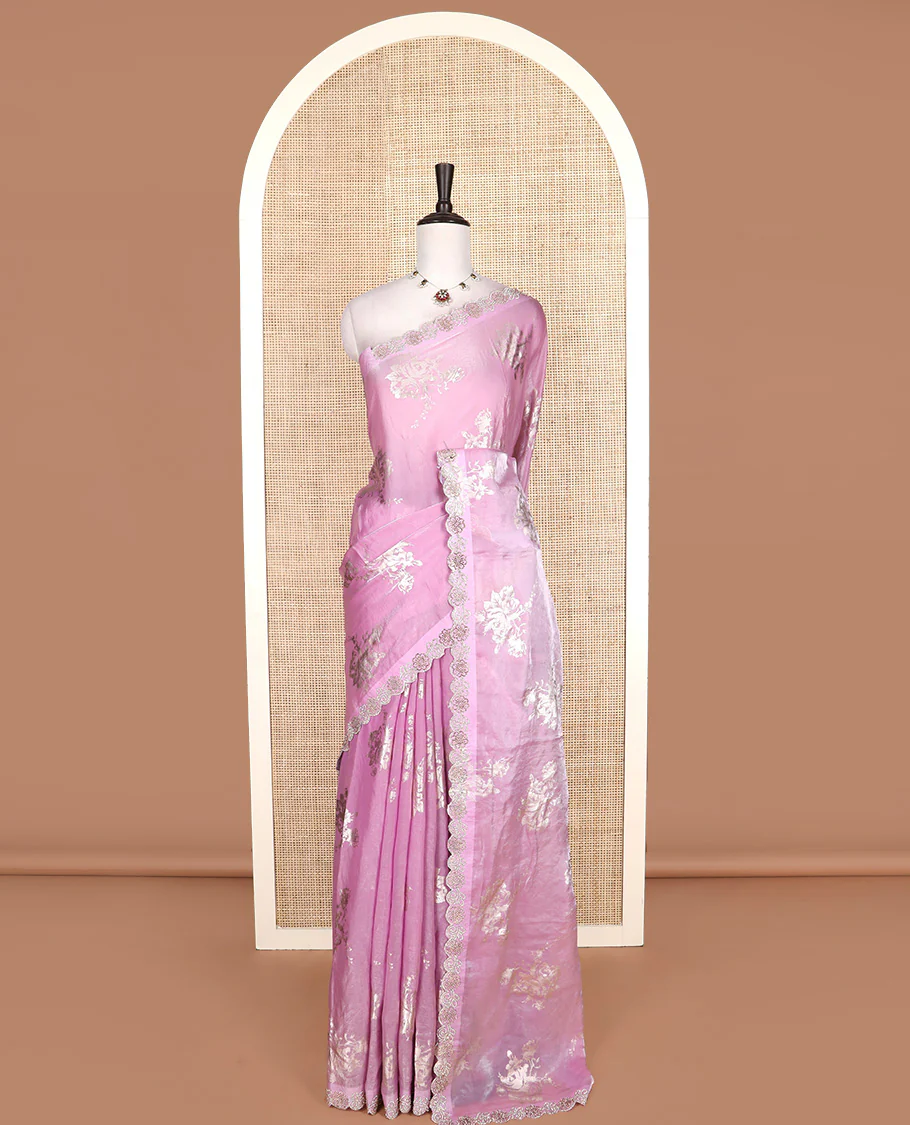 Pink rose floral motifs foil printed designer saree, scallop floral micro-stone work border - Image 2