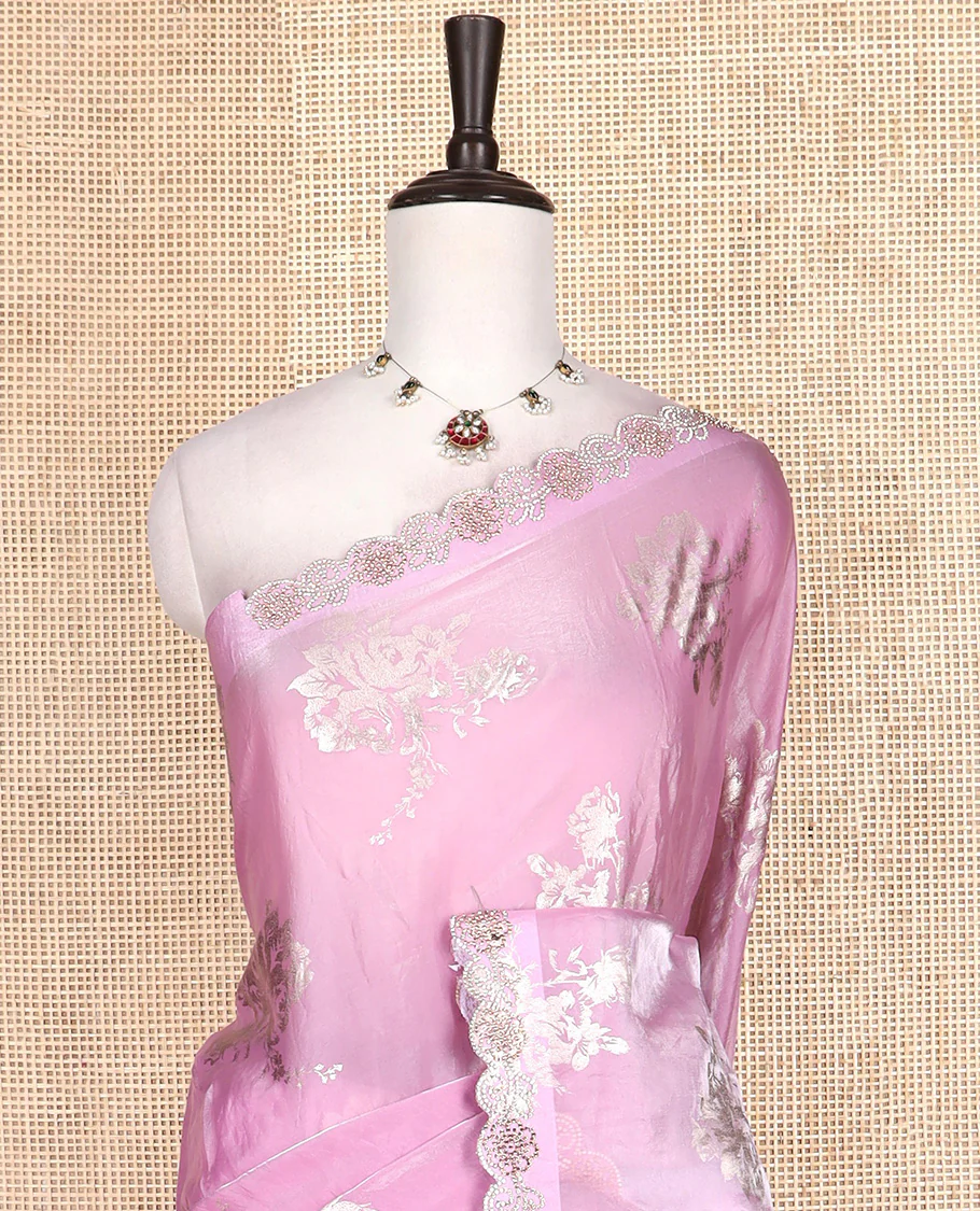 Pink rose floral motifs foil printed designer saree, scallop floral micro-stone work border - Image 3