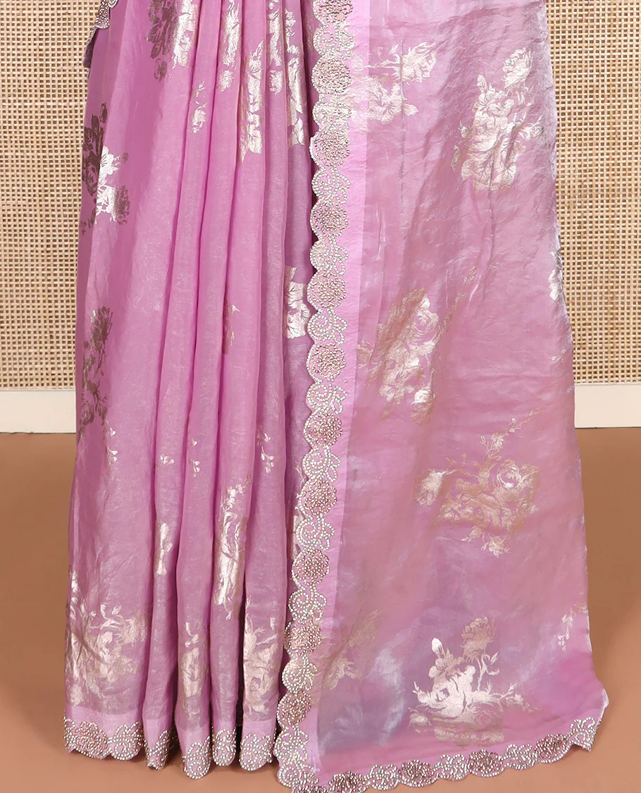 Pink rose floral motifs foil printed designer saree, scallop floral micro-stone work border - Image 4