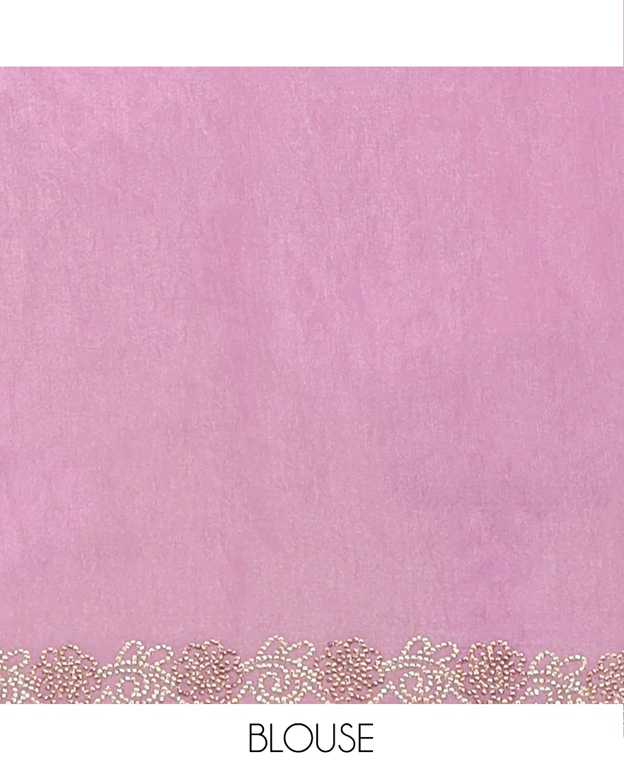 Pink rose floral motifs foil printed designer saree, scallop floral micro-stone work border - Image 5