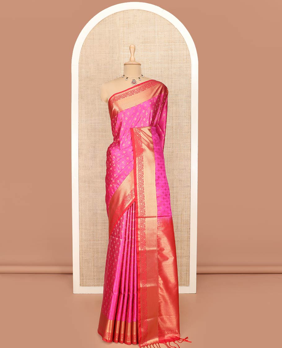 Pink Semi-Soft Silk Saree Enriched with Floral Zari Buttas, Complemented by Contrast Traditional Zari Design Border, Pallu Adorned with Jaal Designs, and Paired with a Contrast Blouse - Image 3
