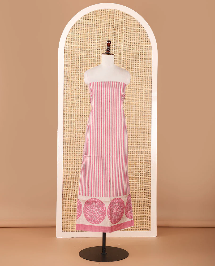 Pink semi-tussar material chudidar set, stripes & bandhani-style dotted motifs printed top & dupatta with heathered bottom - Image 3