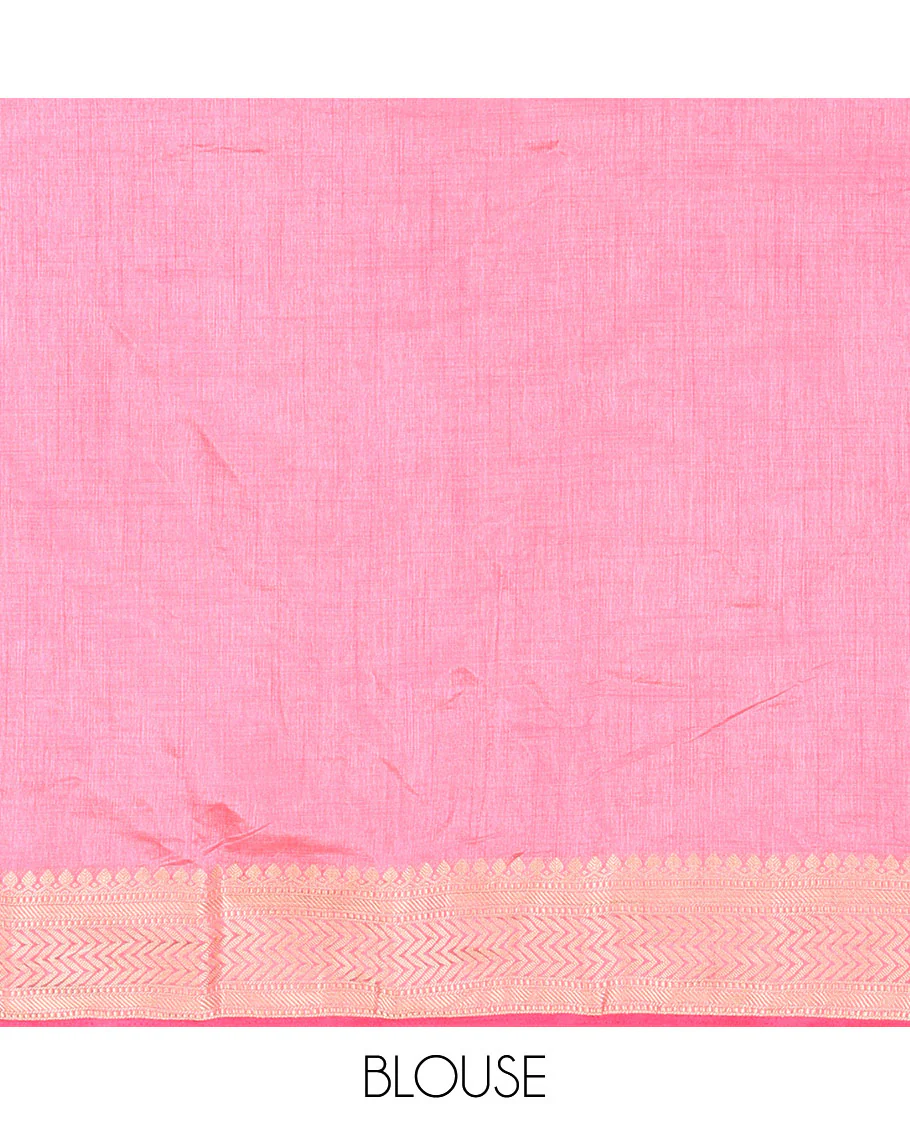 Pink Semi-Tussar Saree Accentuated with Zig-Zag Strips Prints, Featuring a Self-border with Traditional Motifs, a Zari-Striped Pallu, Paired with a Matching Blouse - Image 3