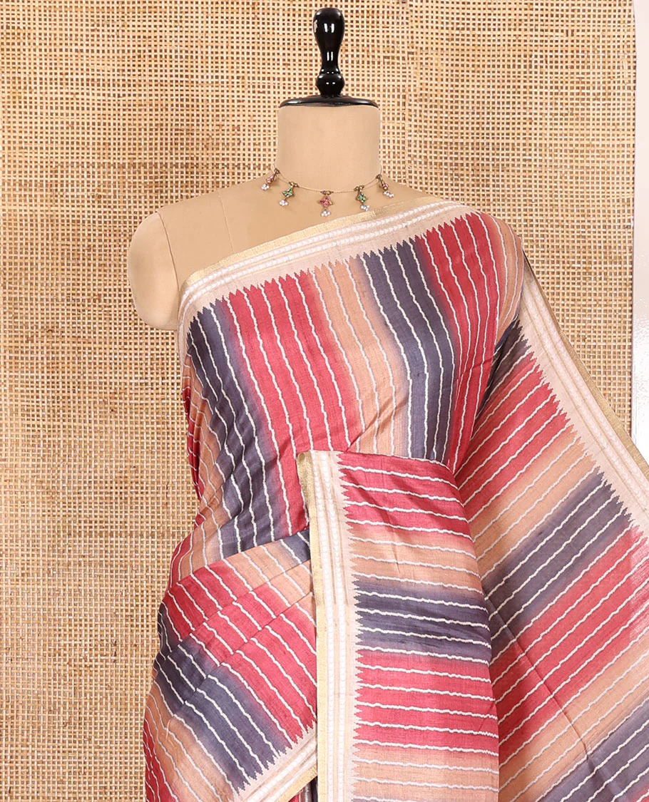 Pink Semi-Tussar Saree Colorfully Printed with Zig-Zag Stripes, Subtly Woven with a Resham Thread Temple Border, Featuring a Heathered Pallu, Paired with a Contrast Striped Blouse - Image 2