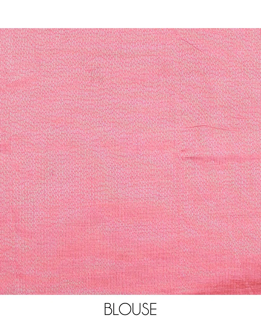 Pink Semi-Tussar Saree Embellished with Zari Horizontal Stripes and Thread Floral Designs, Featuring a Subtly Woven Temple Zari Border, a Striped Pallu, and a Matching Blouse - Image 3