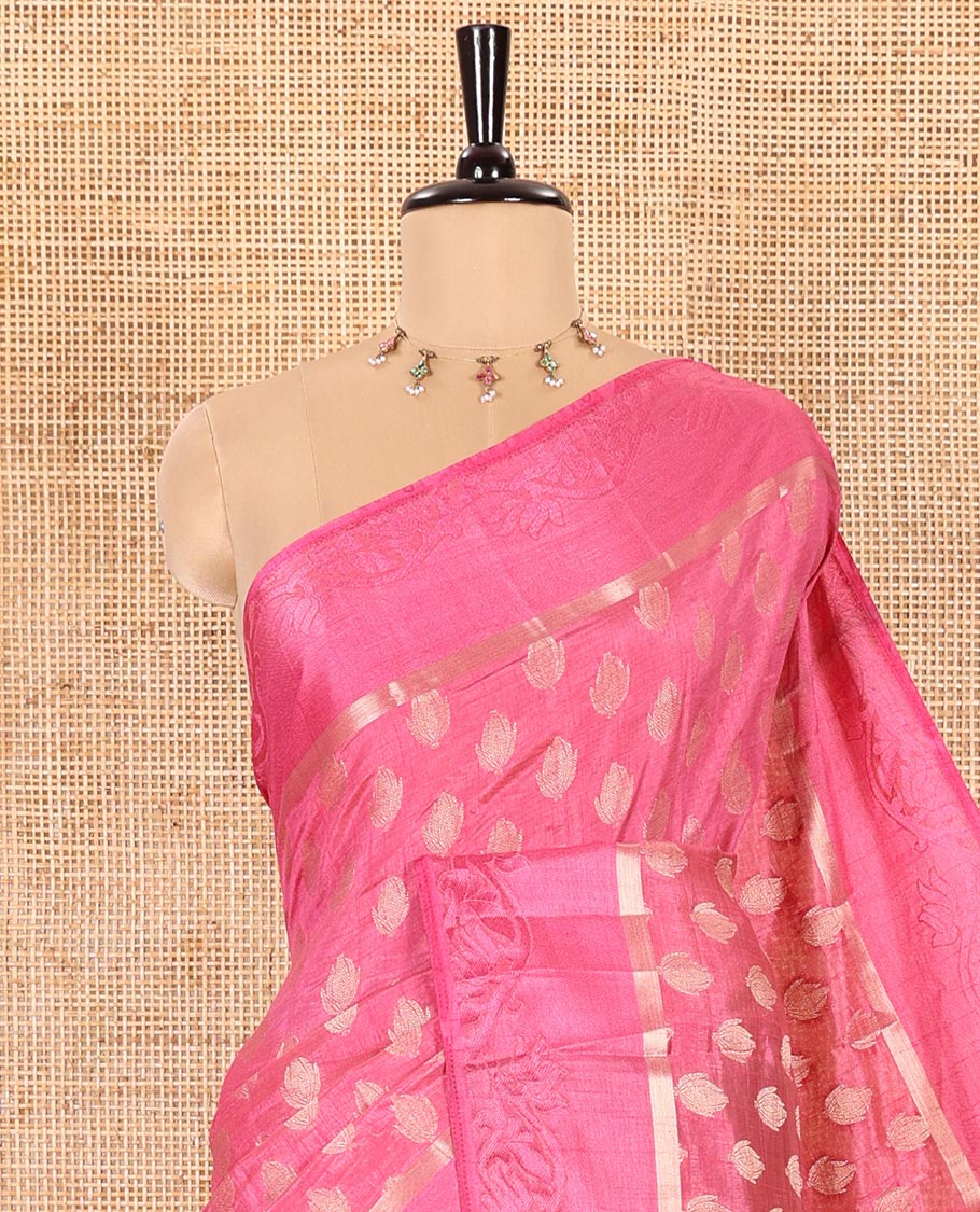 Pink Semi-Tussar Saree Enthralled with Copper Zari Floral Bud Motifs, Featuring a Floral Creeper Embossed Border, Complemented by a Contrast Pallu Adorned with Floral Bud Motifs, and Paired with a Contrast Blouse - Image 2