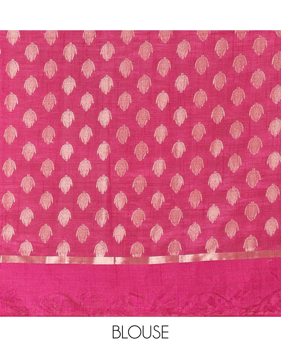Pink Semi-Tussar Saree Enthralled with Copper Zari Floral Bud Motifs, Featuring a Floral Creeper Embossed Border, Complemented by a Contrast Pallu Adorned with Floral Bud Motifs, and Paired with a Contrast Blouse - Image 3