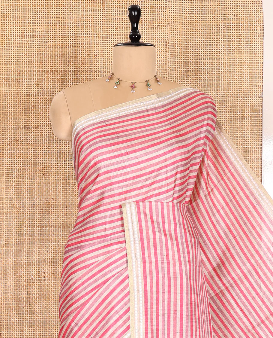 Pink Semi-Tussar Saree Featuring Horizontal Stripe Prints, Accentuated by a Subtle Resham Thread Temple-Designed Border, with a Pallu Highlighted by Intricate Circular Motifs, Paired with a Contrast Bandhani Blouse - Image 2