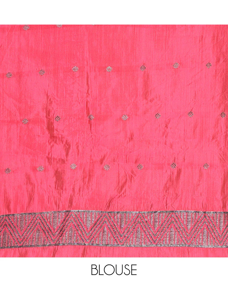 Pink Semi-Tussar Saree Subtly Woven With Floral Zari Buttas, Featuring a Geometric-Patterned Zari Border, Adorned With a Butta-Enclosed Checked Pallu, and a Matching Blouse - Image 3