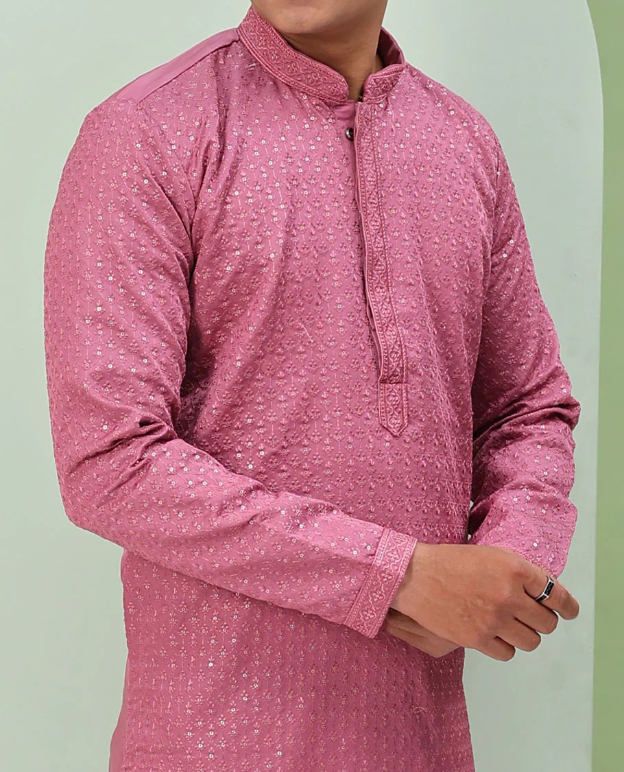 Pink sequins and thread jaal design embroidered full-sleeved readymade kurta - Image 3