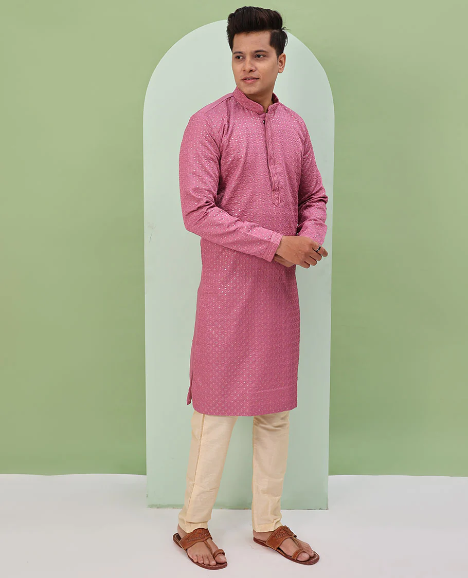 Pink sequins and thread jaal design embroidered full-sleeved readymade kurta - Image 4