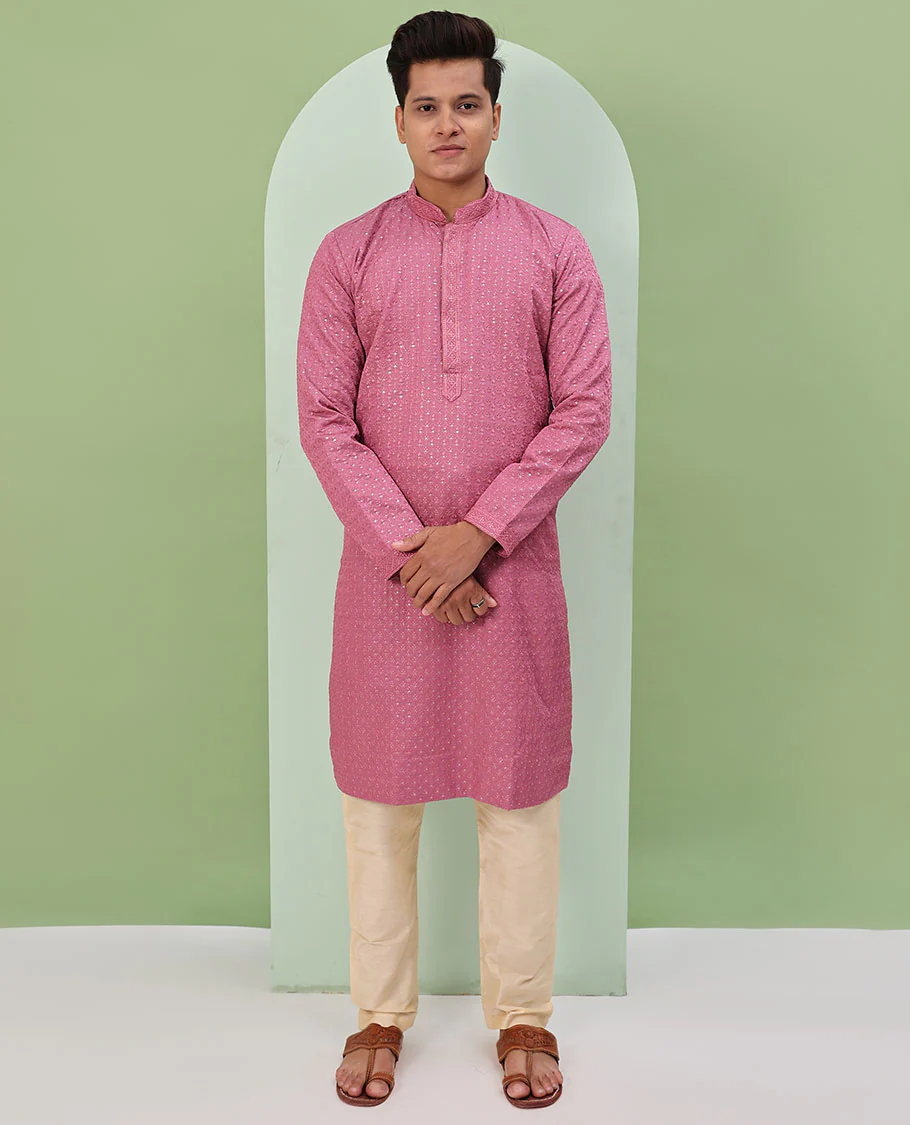 Pink sequins and thread jaal design embroidered full-sleeved readymade kurta - Image 5