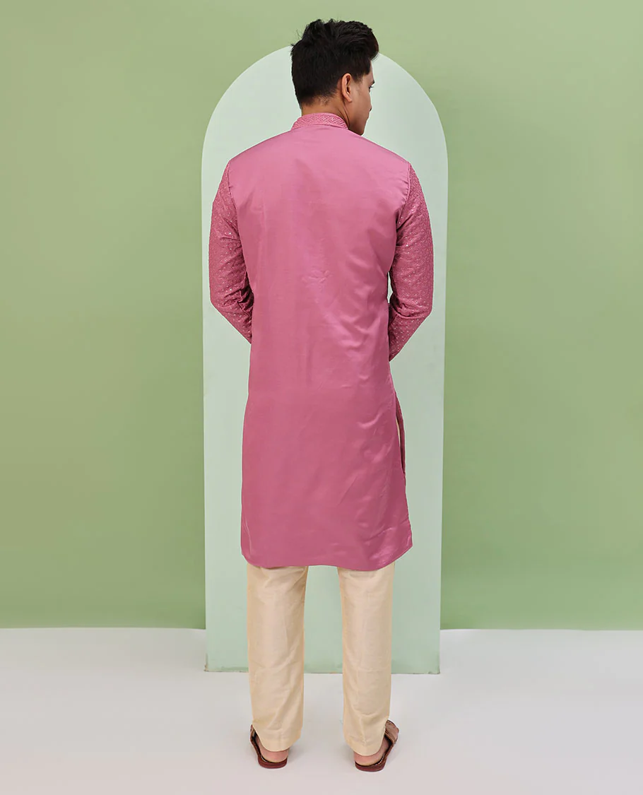 Pink sequins and thread jaal design embroidered full-sleeved readymade kurta - Image 6
