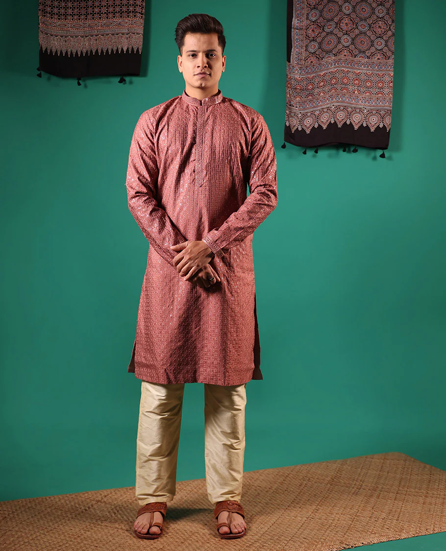 Pink sequins embroidered checked full-sleeved men's kurta - Image 2