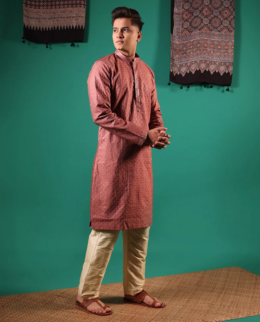Pink sequins embroidered checked full-sleeved men's kurta - Image 3
