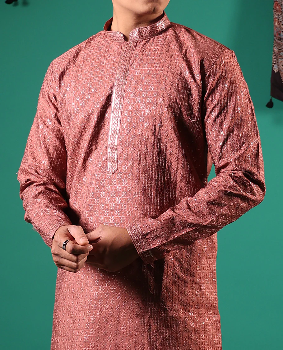 Pink sequins embroidered checked full-sleeved men's kurta - Image 4