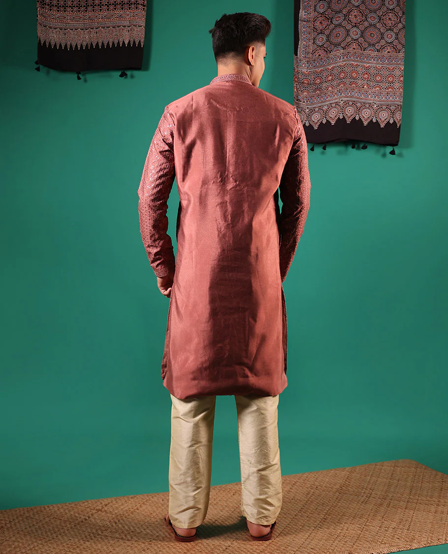 Pink sequins embroidered checked full-sleeved men's kurta - Image 5