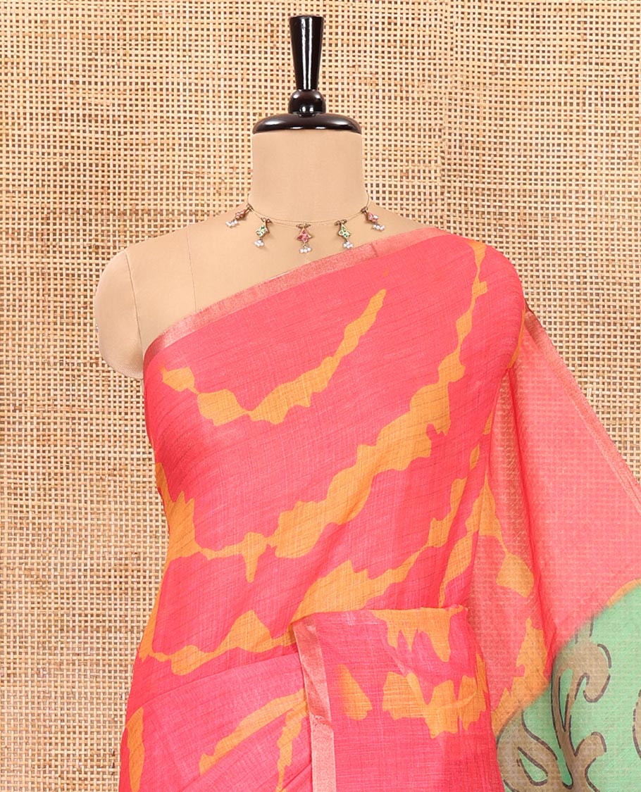 Pink shibori printed linen cotton saree, piping border, contrast floral printed pallu, and a contrast floral printed blouse - Image 2