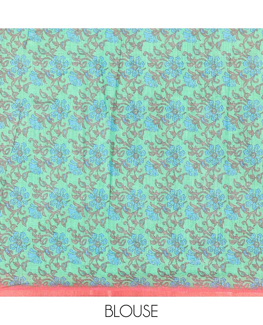 Pink shibori printed linen cotton saree, piping border, contrast floral printed pallu, and a contrast floral printed blouse - Image 3