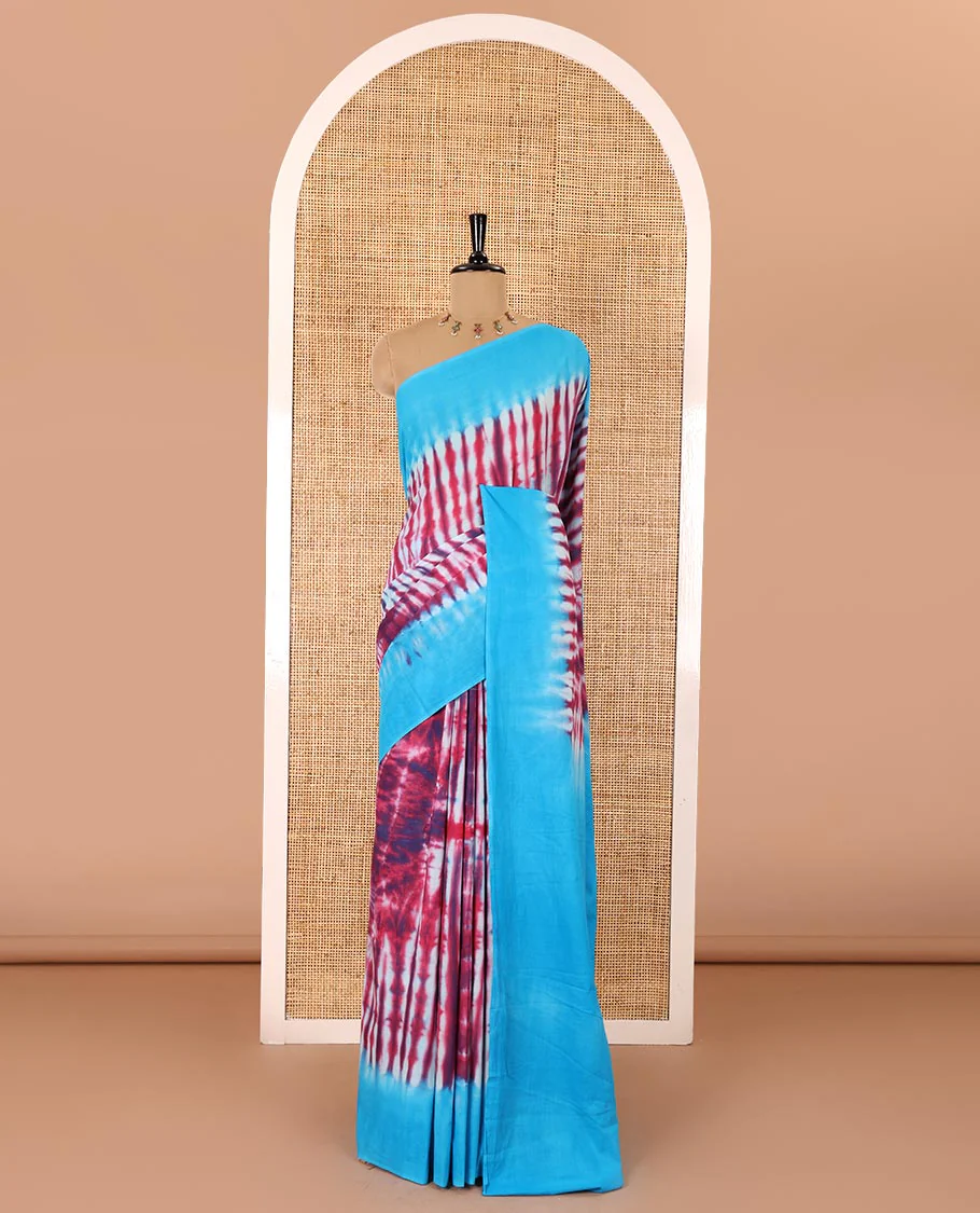 Pink shibori printed pure cotton saree, contrast plain border, plain pallu, and contrast plain blouse - Image 2