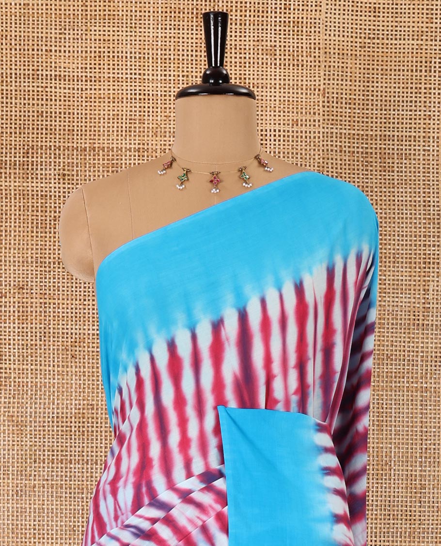 Pink shibori printed pure cotton saree, contrast plain border, plain pallu, and contrast plain blouse - Image 3
