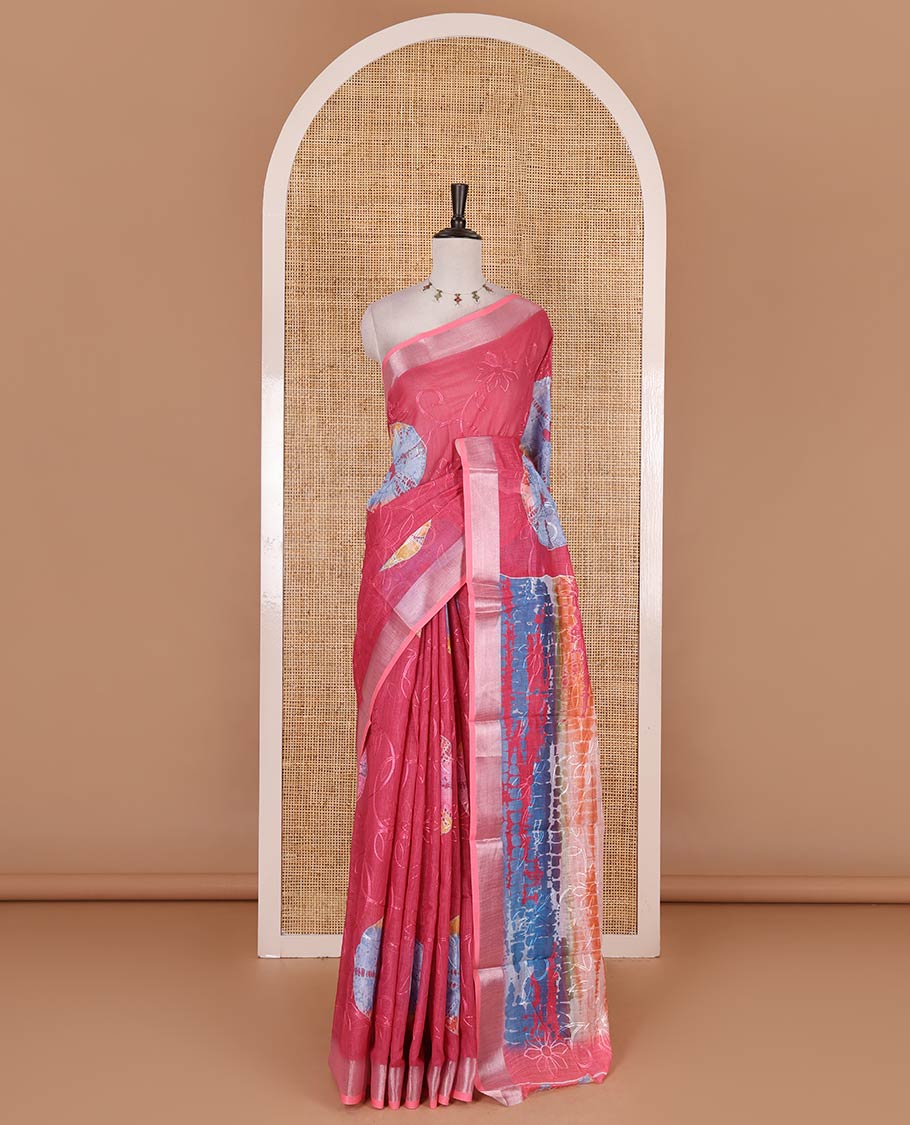 Pink shibori printed with thread floral vine embroidered linen cotton saree, contrast bavanji border, pallu, and blouse of shibori print with embroidery - Image 2