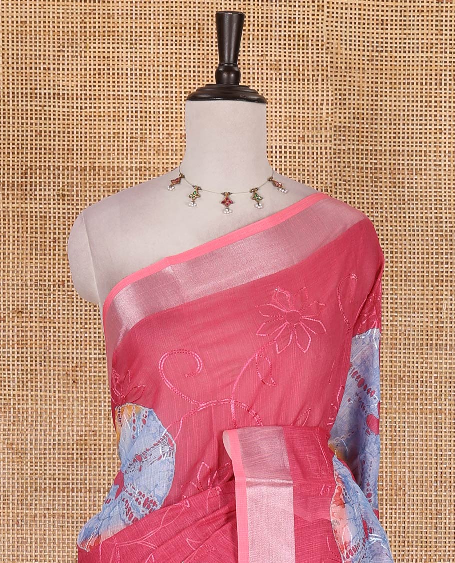 Pink shibori printed with thread floral vine embroidered linen cotton saree, contrast bavanji border, pallu, and blouse of shibori print with embroidery - Image 3