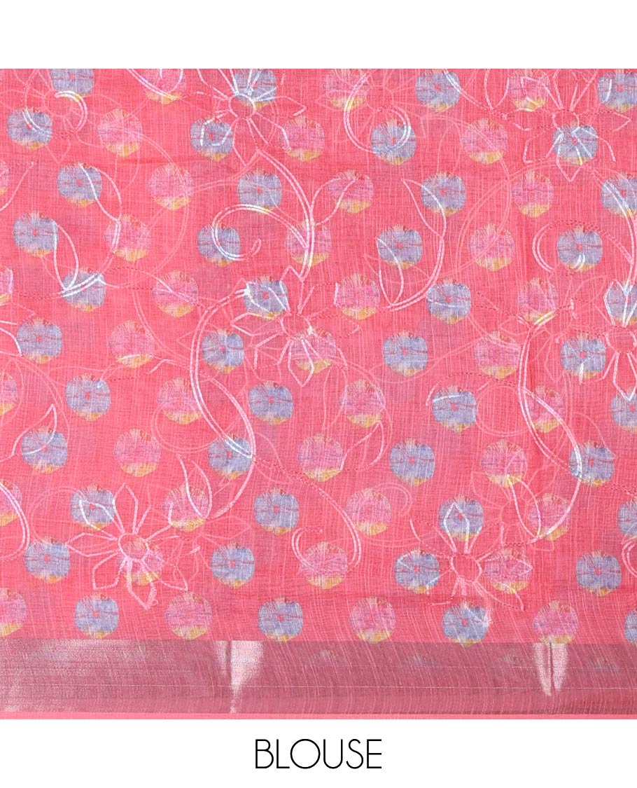 Pink shibori printed with thread floral vine embroidered linen cotton saree, contrast bavanji border, pallu, and blouse of shibori print with embroidery - Image 4