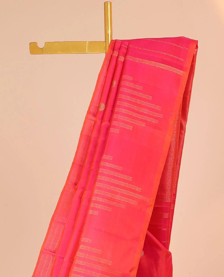 Pink silk saree with mayil chakram buttas, zari border of temple designs & zari-rich pallu of zari stripes - Image 3