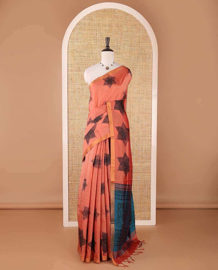 Pink six-petal-like leaf motifs printed micro-silk saree, copper zari border, contrast intricate pallu & plain blue blouse - Image 2