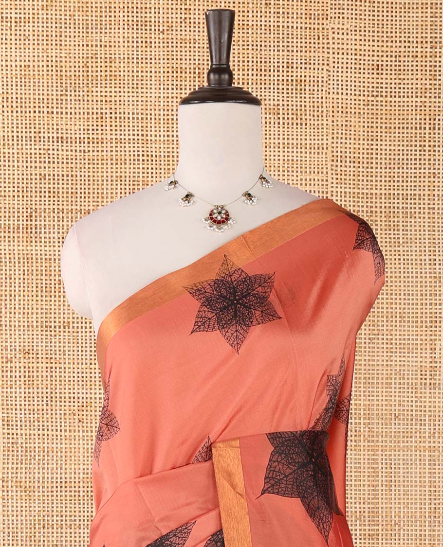 Pink six-petal-like leaf motifs printed micro-silk saree, copper zari border, contrast intricate pallu & plain blue blouse - Image 3