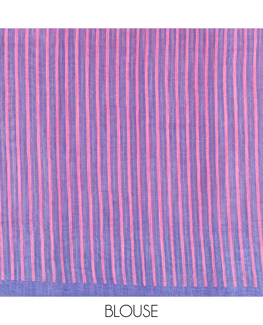 Pink small thread buttas linen cotton saree, contrast temple zari piping border, striped pallu and a contrast blouse - Image 4