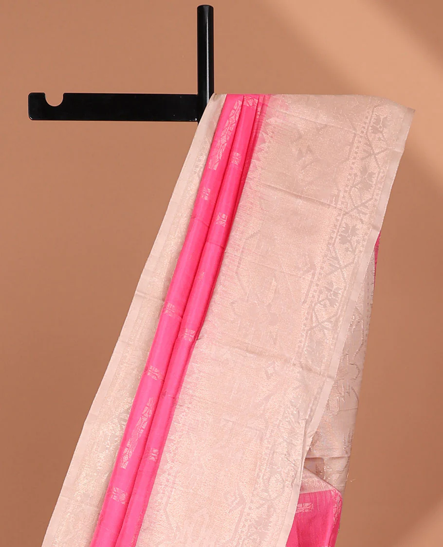 Pink soft Mayuri soft silk saree with buttas, contrast border & pallu of patola-style designs - Image 3