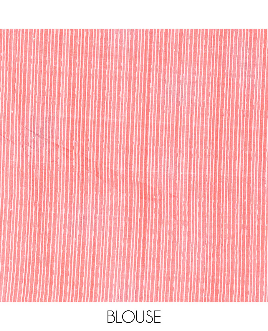 Pink sparkling dots and batik printed semi-tussar saree, contrast batik printed floral vine border, printed pallu, and a contrast printed blouse - Image 3
