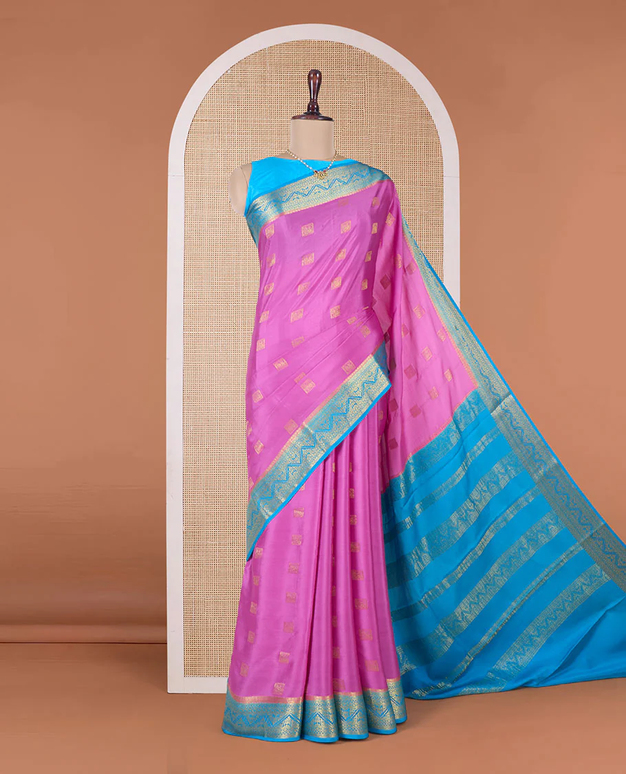 Pink square zari buttas Mysore silk saree, contrast traditional zari border, and intricate pallu - Image 2