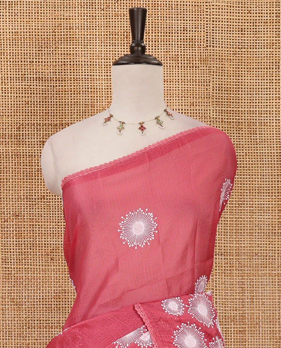 Pink star flower motifs chikankari-style embroidered kota check saree, lace border & matching checked blouse - Image 3