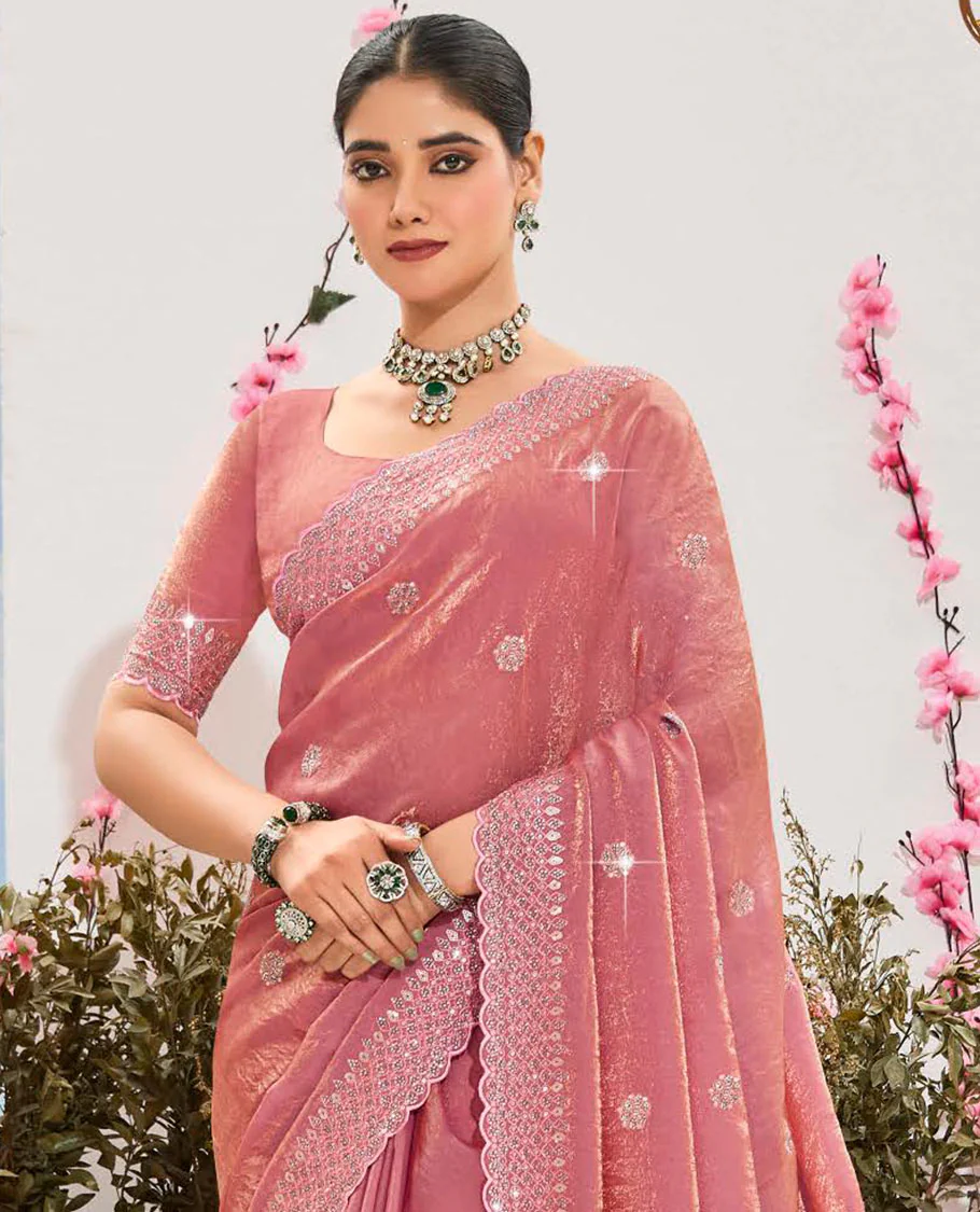 Pink stone embroidered designer saree, scallop border, and embroidered pallu - Image 2