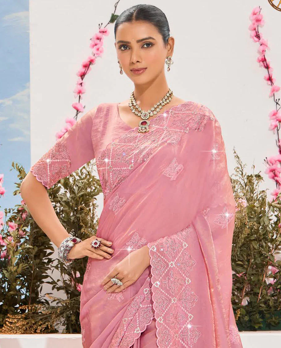 Pink stone embroidered designer saree, scallop border, and embroidered pallu - Image 2