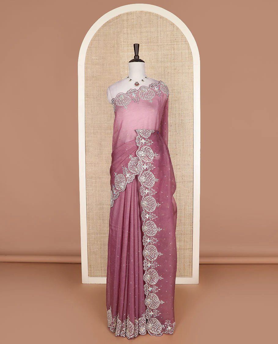 Pink stone work designer saree, intricately embroidered scallop border - Image 2