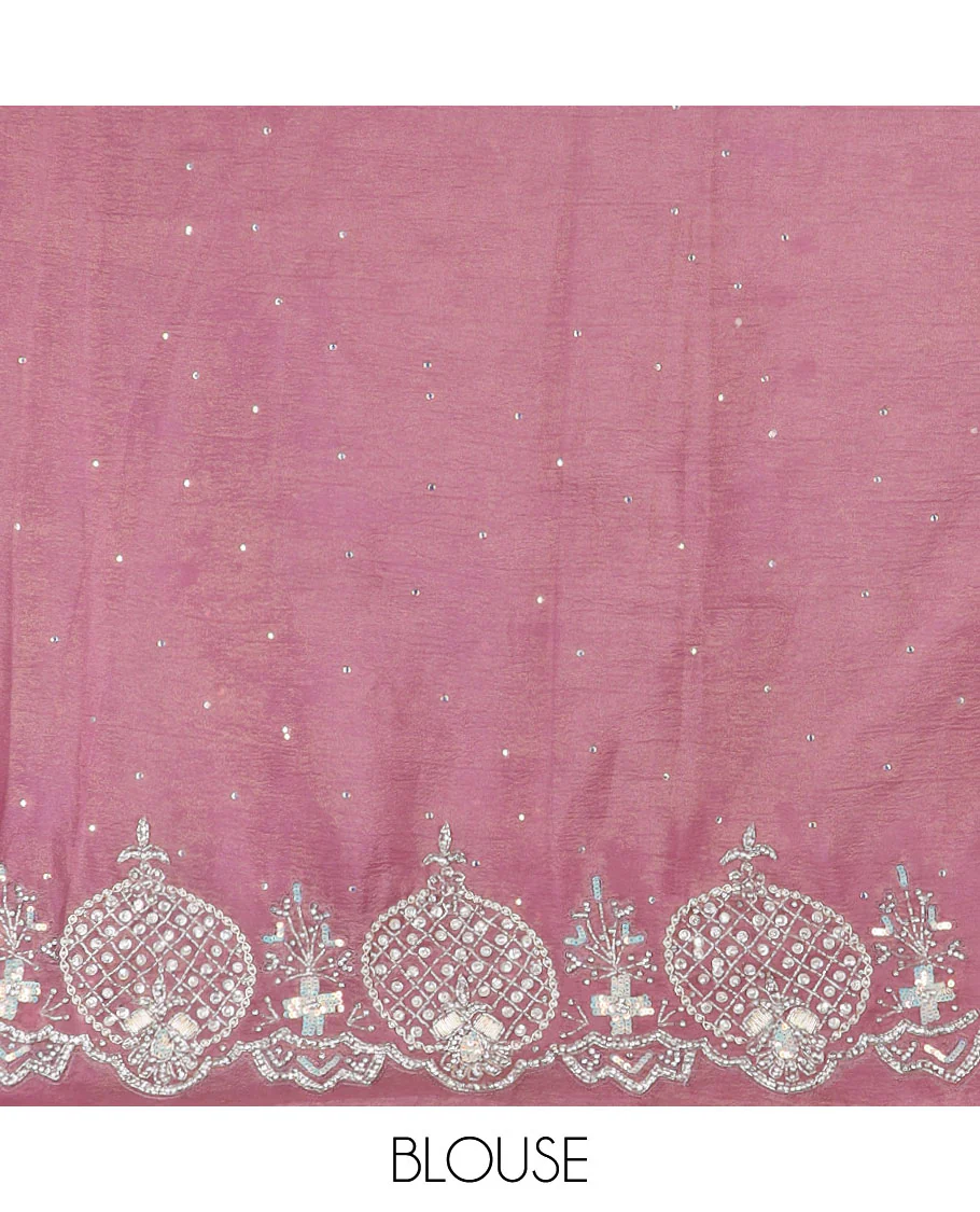 Pink stone work designer saree, intricately embroidered scallop border - Image 4